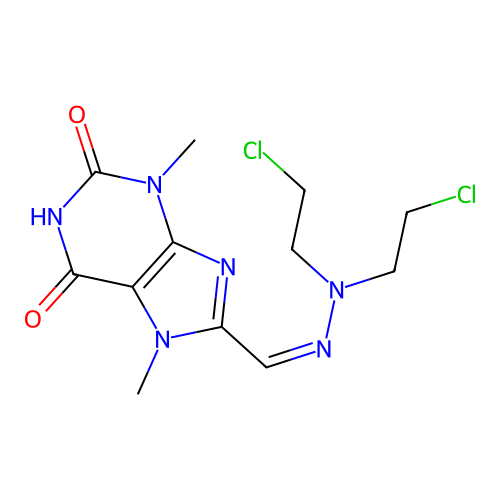 8-[(Z)-[bis(2-chloroethyl)hydrazinylidene]methyl]-3,7-dimethylpurine-2,6-dione structure