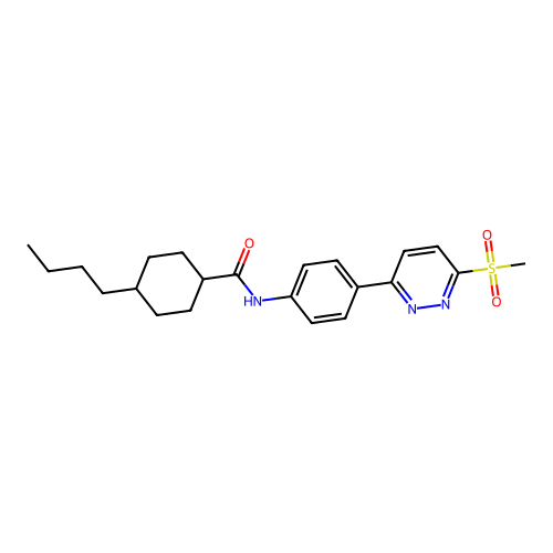 4-butyl-N-(4-(6-(methylsulfonyl)pyridazin-3-yl)phenyl)cyclohexanecarboxamide structure