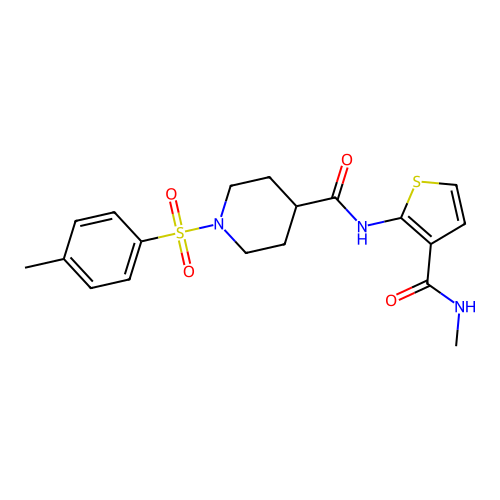 N-(3-(methylcarbamoyl)thiophen-2-yl)-1-tosylpiperidine-4-carboxamide structure