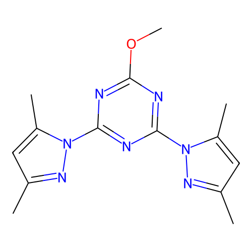 2,4-bis(3,5-dimethyl-1H-pyrazol-1-yl)-6-methoxy-1,3,5-triazine structure