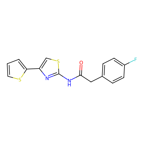 2-(4-fluorophenyl)-N-[4-(thiophen-2-yl)-1,3-thiazol-2-yl]acetamide structure