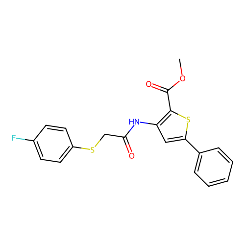 Methyl 3-(2-((4-fluorophenyl)thio)acetamido)-5-phenylthiophene-2-carboxylate structure