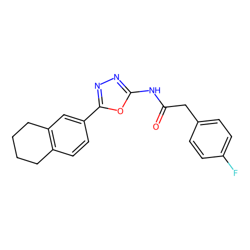 2-(4-fluorophenyl)-N-[5-(5,6,7,8-tetrahydronaphthalen-2-yl)-1,3,4-oxadiazol-2-yl]acetamide structure
