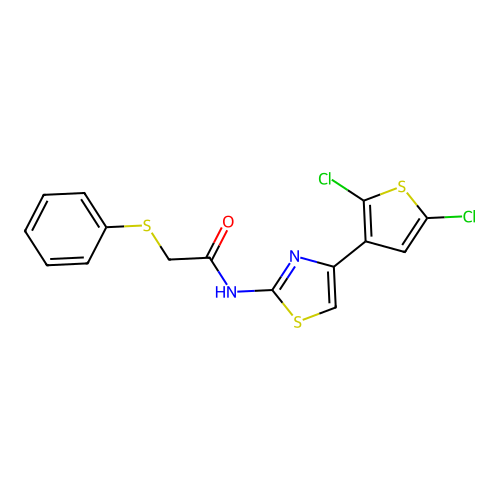 N-(4-(2,5-dichlorothiophen-3-yl)thiazol-2-yl)-2-(phenylthio)acetamide structure