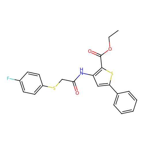 Ethyl 3-(2-((4-fluorophenyl)thio)acetamido)-5-phenylthiophene-2-carboxylate structure