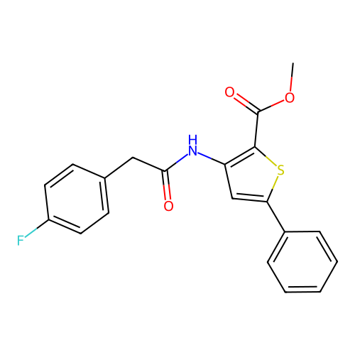 Methyl 3-[2-(4-fluorophenyl)acetamido]-5-phenylthiophene-2-carboxylate structure