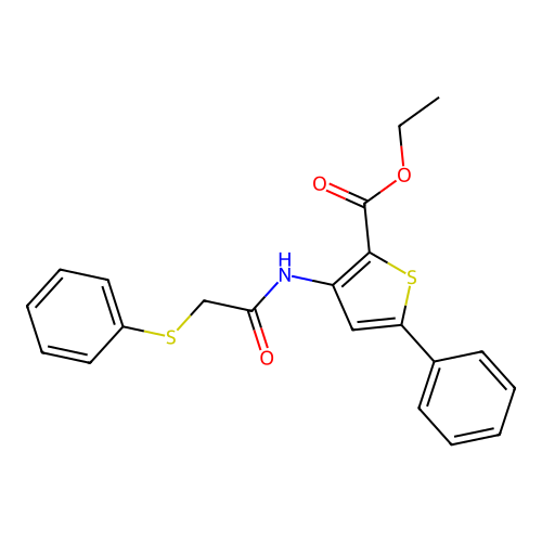 Ethyl 5-phenyl-3-(2-(phenylthio)acetamido)thiophene-2-carboxylate structure