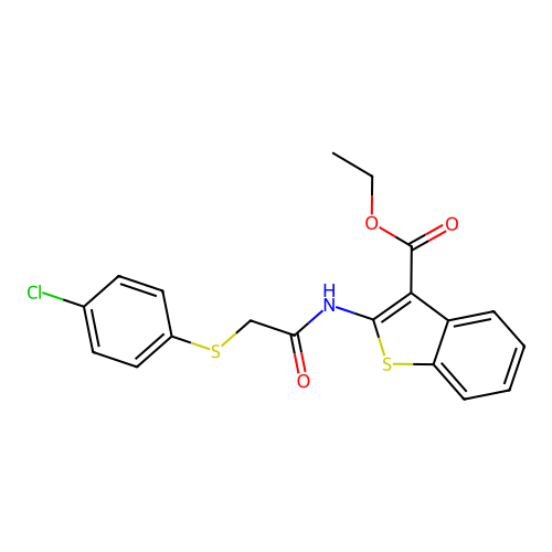 Ethyl 2-[[2-(4-chlorophenyl)sulfanylacetyl]amino]-1-benzothiophene-3-carboxylate structure
