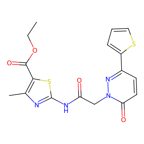 ethyl 4-methyl-2-({[6-oxo-3-(thiophen-2-yl)pyridazin-1(6H)-yl]acetyl}amino)-1,3-thiazole-5-carboxylate structure