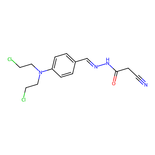 N-[[4-[bis(2-chloroethyl)amino]phenyl]methylideneamino]-2-cyanoacetamide structure