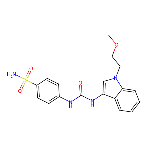 4-(3-(1-(2-methoxyethyl)-1H-indol-3-yl)ureido)benzenesulfonamide structure
