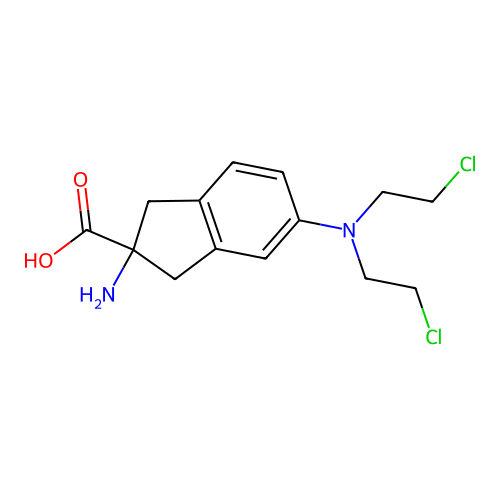 2-Amino-6-(bis(2-chloroethyl)amino)-2-indancarboxylic acid structure