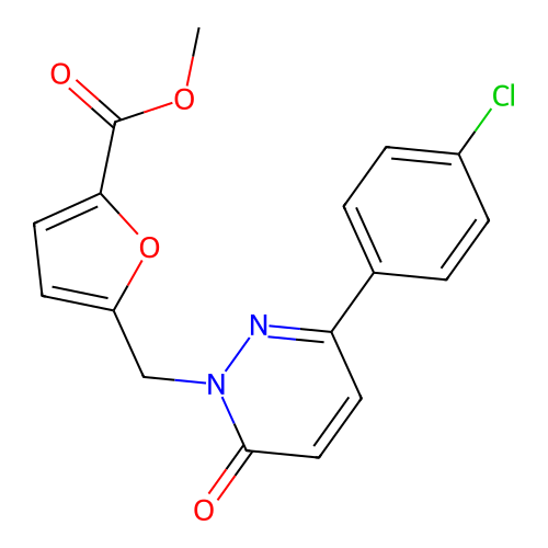 methyl 5-((3-(4-chlorophenyl)-6-oxopyridazin-1(6H)-yl)methyl)furan-2-carboxylate structure