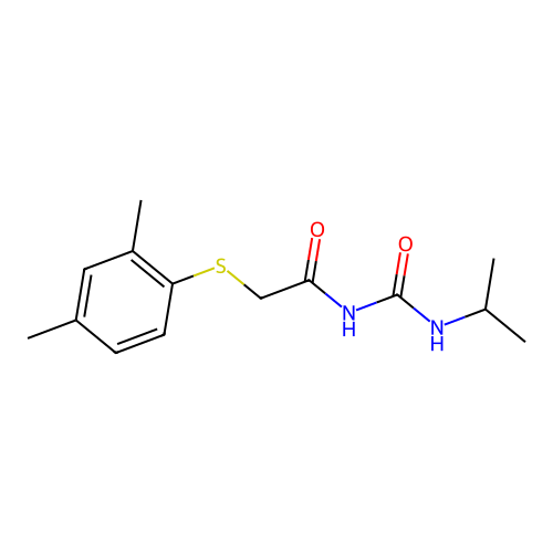 2-(2,4-dimethylphenyl)sulfanyl-N-(propan-2-ylcarbamoyl)acetamide structure