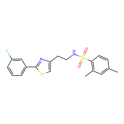 N-[2-[2-(3-fluorophenyl)-1,3-thiazol-4-yl]ethyl]-2,4-dimethylbenzenesulfonamide structure
