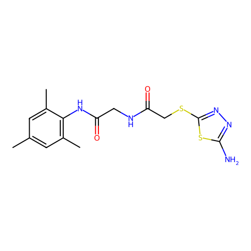 2-[[2-[(5-amino-1,3,4-thiadiazol-2-yl)sulfanyl]acetyl]amino]-N-(2,4,6-trimethylphenyl)acetamide structure