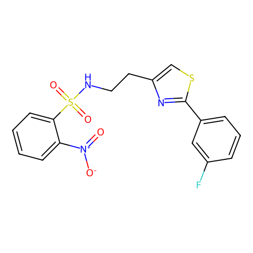 N-(2-(2-(3-fluorophenyl)thiazol-4-yl)ethyl)-2-nitrobenzenesulfonamide structure