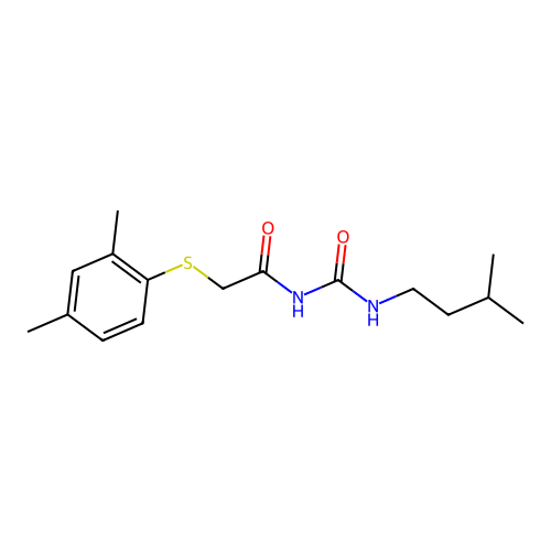 2-(2,4-dimethylphenyl)sulfanyl-N-(3-methylbutylcarbamoyl)acetamide structure