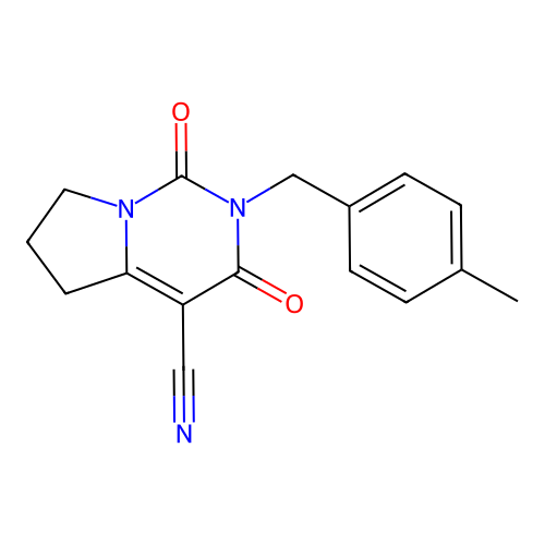 2-(4-methylbenzyl)-1,3-dioxo-1,2,3,5,6,7-hexahydropyrrolo[1,2-c]pyrimidine-4-carbonitrile structure