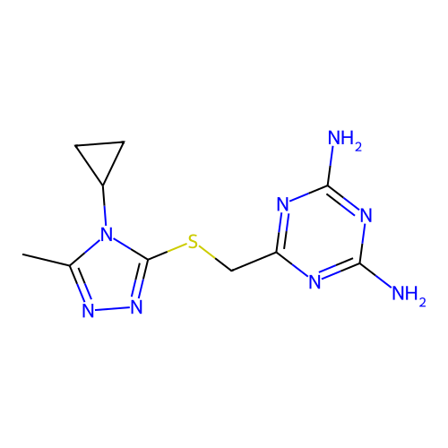 6-{[(4-cyclopropyl-5-methyl-4H-1,2,4-triazol-3-yl)sulfanyl]methyl}-1,3,5-triazine-2,4-diamine structure