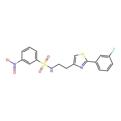 N-(2-(2-(3-fluorophenyl)thiazol-4-yl)ethyl)-3-nitrobenzenesulfonamide structure