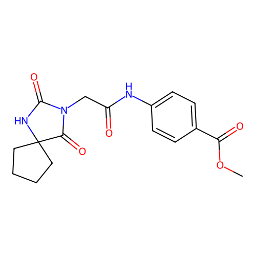 Methyl 4-{[(2,4-dioxo-1,3-diazaspiro[4.4]non-3-yl)acetyl]amino}benzoate structure