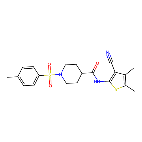 N-(3-cyano-4,5-dimethylthiophen-2-yl)-1-tosylpiperidine-4-carboxamide structure
