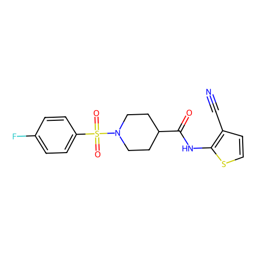 N-(3-cyanothiophen-2-yl)-1-(4-fluorophenyl)sulfonylpiperidine-4-carboxamide structure