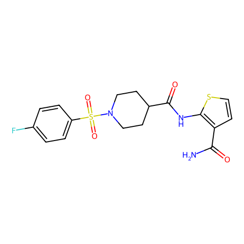 N-(3-carbamoylthiophen-2-yl)-1-(4-fluorophenyl)sulfonylpiperidine-4-carboxamide structure
