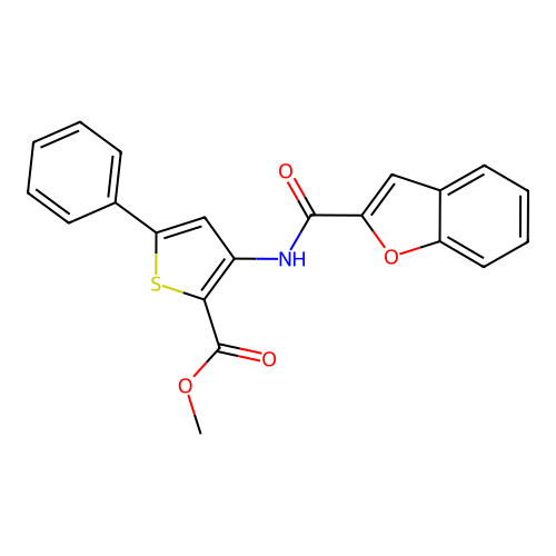Methyl 3-(benzofuran-2-carboxamido)-5-phenylthiophene-2-carboxylate structure