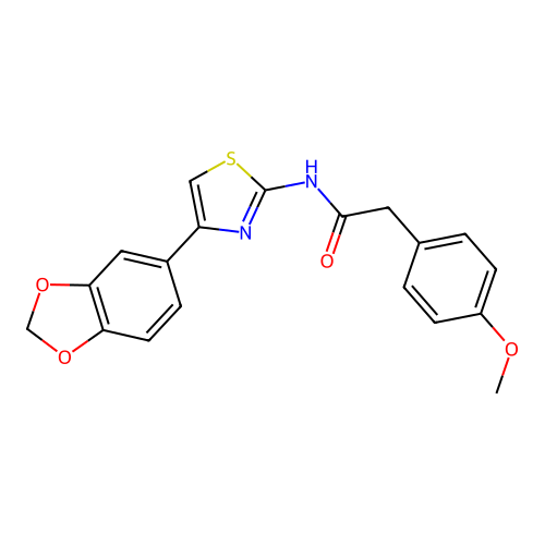 N-[4-(2H-1,3-benzodioxol-5-yl)-1,3-thiazol-2-yl]-2-(4-methoxyphenyl)acetamide structure