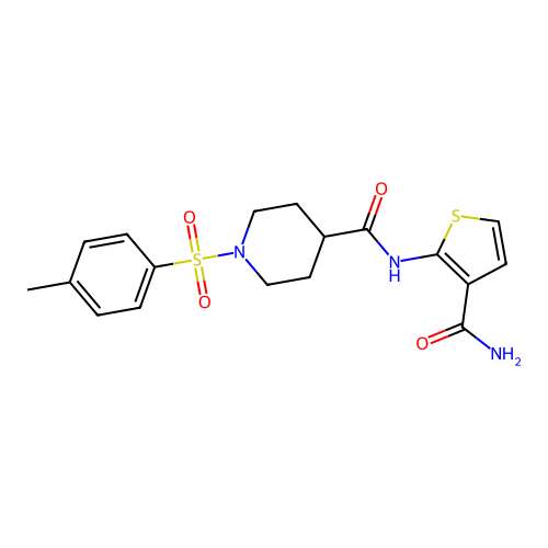 N-(3-carbamoylthiophen-2-yl)-1-tosylpiperidine-4-carboxamide structure