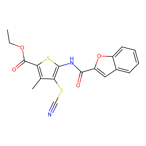 Ethyl 5-(benzofuran-2-carboxamido)-3-methyl-4-thiocyanatothiophene-2-carboxylate structure