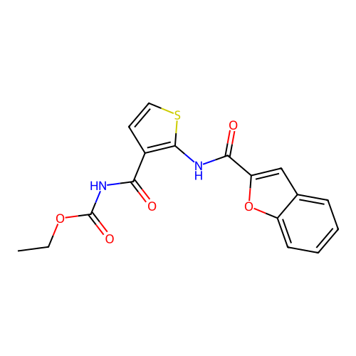 ethyl N-[2-(1-benzofuran-2-amido)thiophene-3-carbonyl]carbamate structure