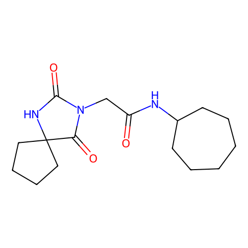 N-cycloheptyl-2-(2,4-dioxo-1,3-diazaspiro[4.4]nonan-3-yl)acetamide structure