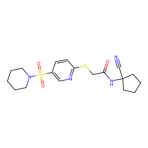 N-(1-cyanocyclopentyl)-2-(5-piperidin-1-ylsulfonylpyridin-2-yl)sulfanylacetamide structure