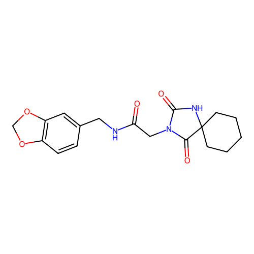 N-(1,3-benzodioxol-5-ylmethyl)-2-(2,4-dioxo-1,3-diazaspiro[4.5]decan-3-yl)acetamide structure