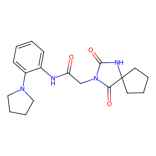 2-(2,4-dioxo-1,3-diazaspiro[4.4]nonan-3-yl)-N-(2-pyrrolidin-1-ylphenyl)acetamide structure