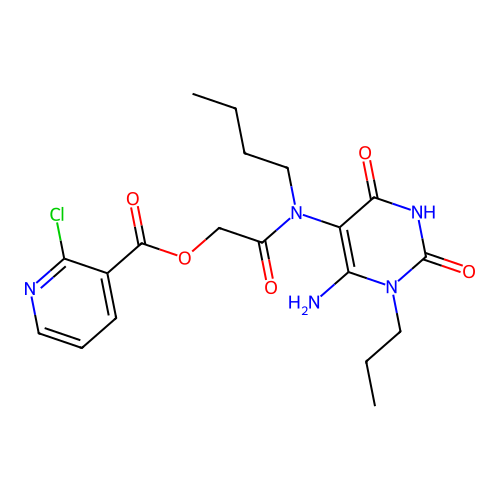 [(6-amino-2,4-dioxo-1-propyl-1,2,3,4-tetrahydropyrimidin-5-yl)(butyl)carbamoyl]methyl 2-chloropyridine-3-carboxylate structure
