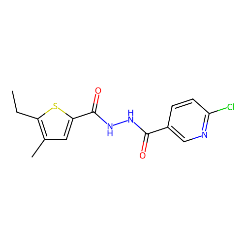 6-chloro-N'-(5-ethyl-4-methylthiophene-2-carbonyl)pyridine-3-carbohydrazide structure