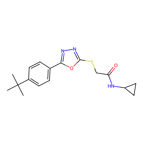 2-[[5-(4-tert-butylphenyl)-1,3,4-oxadiazol-2-yl]sulfanyl]-N-cyclopropylacetamide structure
