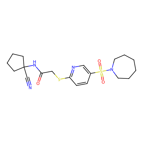 2-{[5-(azepane-1-sulfonyl)pyridin-2-yl]sulfanyl}-N-(1-cyanocyclopentyl)acetamide structure