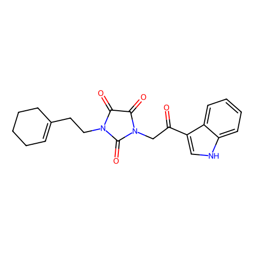1-[2-(cyclohexen-1-yl)ethyl]-3-[2-(1H-indol-3-yl)-2-oxoethyl]imidazolidine-2,4,5-trione structure
