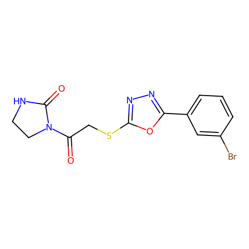 1-[2-[[5-(3-Bromophenyl)-1,3,4-oxadiazol-2-yl]sulfanyl]acetyl]imidazolidin-2-one structure