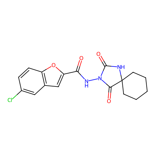 5-chloro-N-(2,4-dioxo-1,3-diazaspiro[4.5]decan-3-yl)-1-benzofuran-2-carboxamide structure