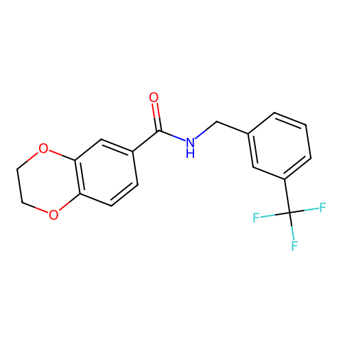 N-[[3-(trifluoromethyl)phenyl]methyl]-2,3-dihydro-1,4-benzodioxine-6-carboxamide structure