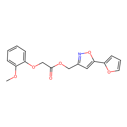 (5-(Furan-2-yl)isoxazol-3-yl)methyl 2-(2-methoxyphenoxy)acetate structure