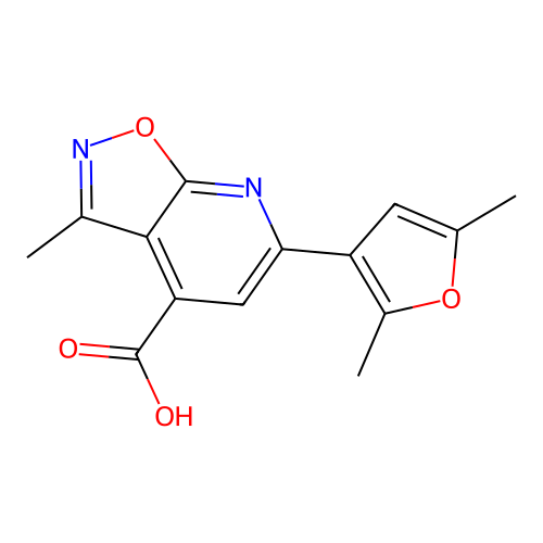6-(2,5-dimethylfuran-3-yl)-3-methyl-[1,2]oxazolo[5,4-b]pyridine-4-carboxylic acid structure