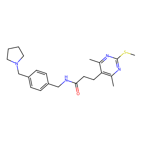 3-(4,6-dimethyl-2-methylsulfanylpyrimidin-5-yl)-N-[[4-(pyrrolidin-1-ylmethyl)phenyl]methyl]propanamide structure