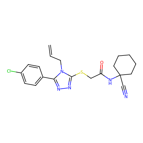 2-[[5-(4-chlorophenyl)-4-prop-2-enyl-1,2,4-triazol-3-yl]sulfanyl]-N-(1-cyanocyclohexyl)acetamide structure